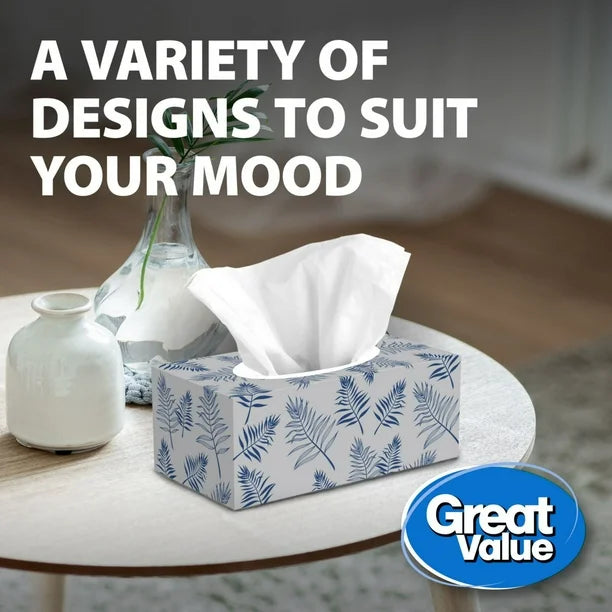 Great Value, Facial Tissues, 12 flat boxes, 88 tissues per box, 3Ply, 1,056 Tissues in total