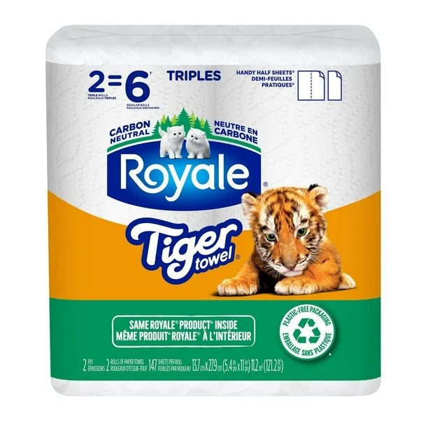 Royale Tiger Towel Recyclable Packaging, 2 Equal 6 Paper Towel Rolls, 2-Ply, 147 Half