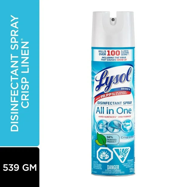 Lysol All-in-One Disinfectant Spray, Crisp Linen, Disinfects and Eliminates Odors on Hard Surfaces and Fabrics, Kills 99.99% of Viruses and Bacteria, 539g
