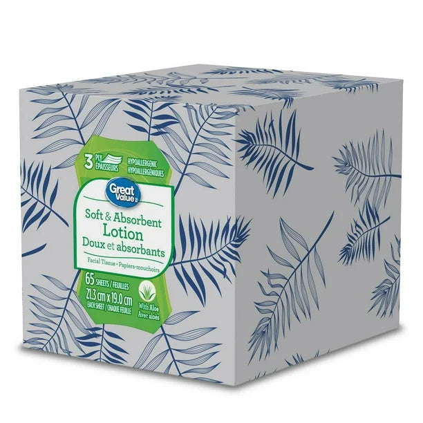 Great Value, Facial Tissues with lotion, 65 tissues per box, 3Ply, 65 Tissues in total
