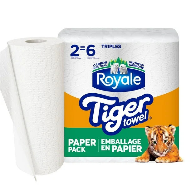 Royale Tiger Towel Recyclable Packaging, 2 Equal 6 Paper Towel Rolls, 2-Ply, 147 Half